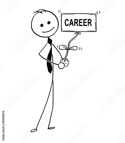 Cartoon stick man drawing conceptual illustration of businessman care about plant in his hand. Plant flower as career sign. Business concept of job, work and progress.