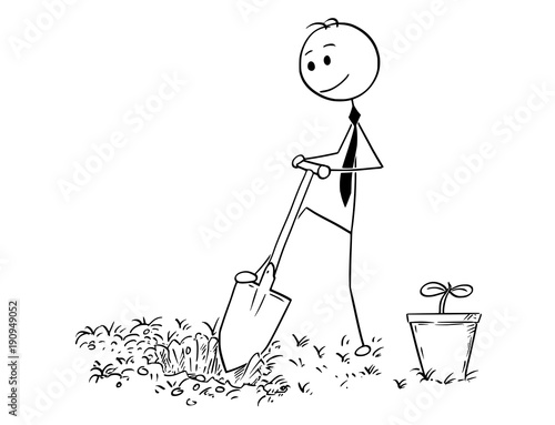 Cartoon stick man drawing conceptual illustration of businessman digging hole to plant a tree. Business concept of investment, growth and success.