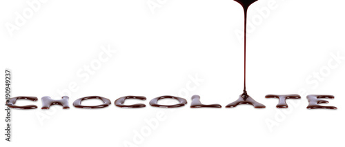 Word Chocolate written with liquid hot chocolate isolated on a white background