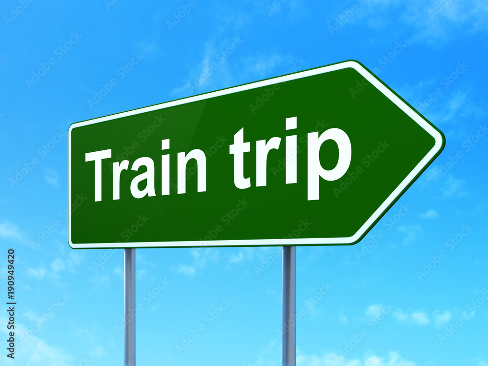 Travel concept: Train Trip on green road highway sign, clear blue sky background, 3D rendering Travel concept: Train Trip on green road highway sign, clear blue sky background, 3D rendering