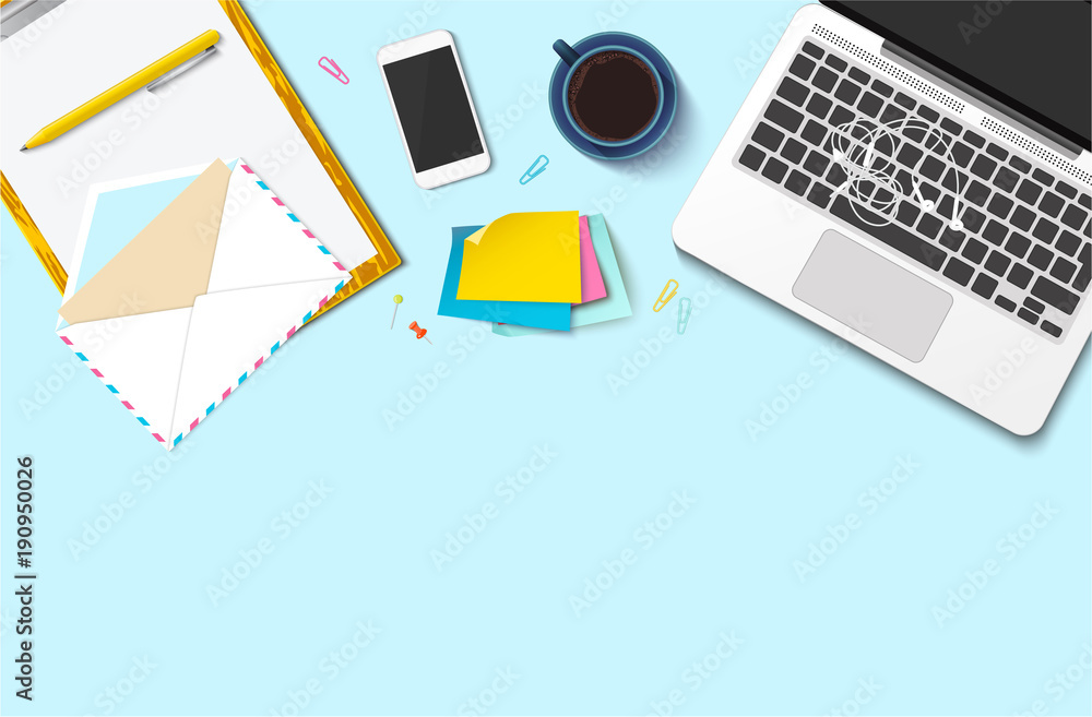 Workplace vector mock-up set. Flat lay top view on realistic mobile phone, laptop, earphones, paper, pen, envelope, stickers, clips, coffee cup. Blog header. Home office, freelance concept. Workplace vector mock-up set. Flat lay top view on realistic mobile phone, laptop, earphones, paper, pen, envelope, stickers, clips, coffee cup. Blog header. Home office, freelance concept.