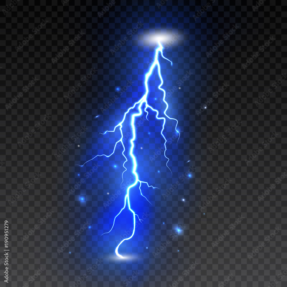 Bright lightning on transparent background. Electric flash. Thunder bolt  and lightning. Vector illustration Stock Vector | Adobe Stock