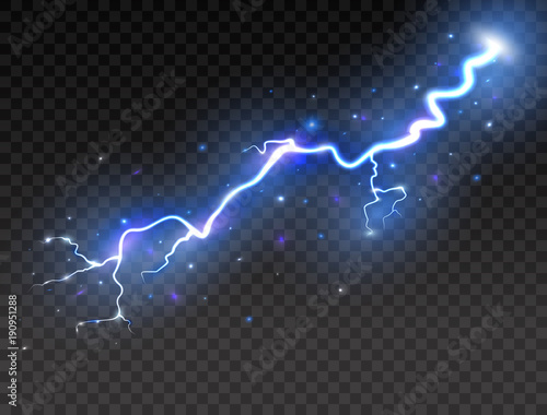 Lightning on transparent background. Realistic thunder storm. Vector illustration