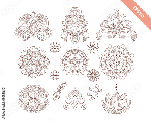 Decorative hand drawn element henna style collection. Floral set for your design, tattoo. photo