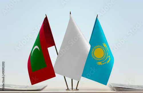 Flags of Maldives and Kazakhstan with a white flag in the middle