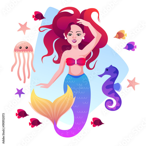mermaid, fish, sea horse and jellyfish. vector illustration