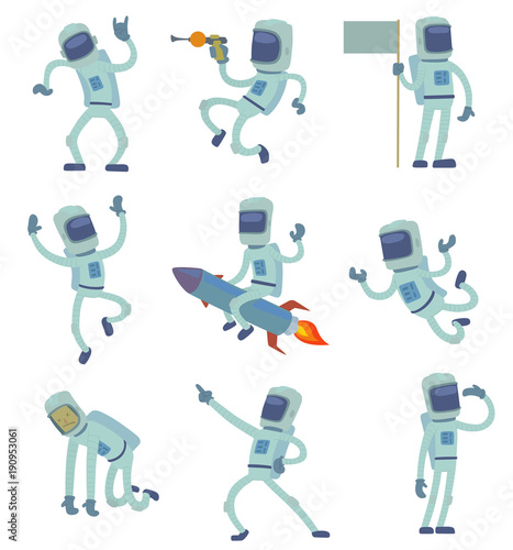Vector alien character astronaut in space working having fun Isolated on white background space galaxy solar system alien traveler man gravity floating journey suit vector alien robot character