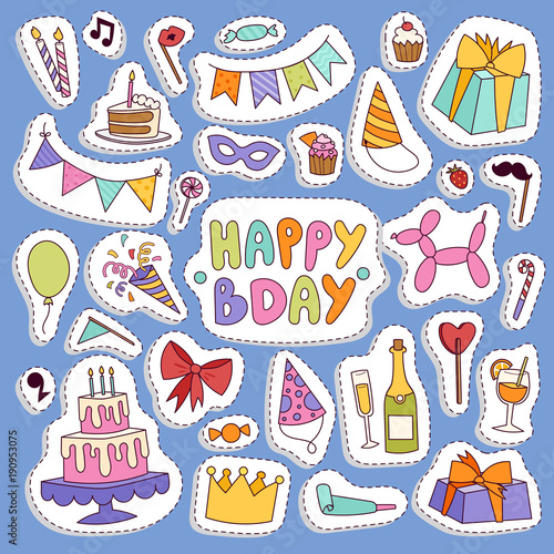 Happy birthday party vector symbols carnival festive illustration set colorful happy birthday partytime symbols hat, gifts, balloons, cake