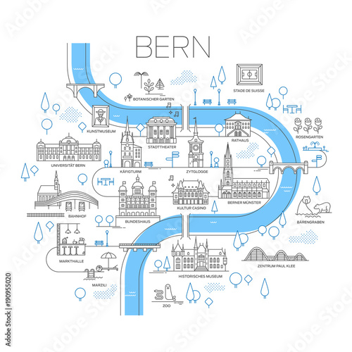 Illustrated map of Bern, Switzerland.