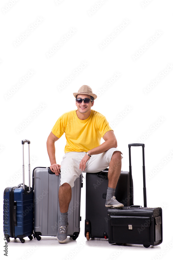 Happy young man going on summer vacation isolated on white Happy young man going on summer vacation isolated on white