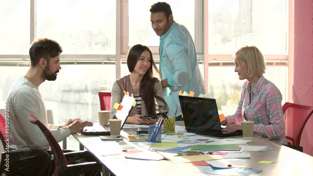 Indian boss coming to every worker and explaining. Business project organising. Indian boss coming to every worker and explaining. Business project organising.
