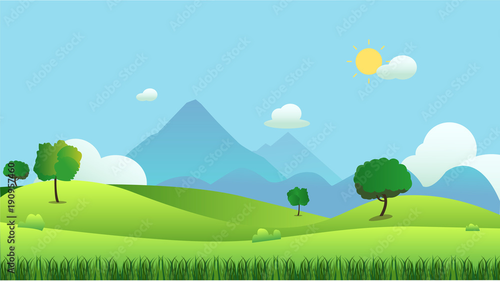 Obraz premium Meadow landscape with grass foreground and mountain background, vector illustration.Green field and sky blue and sun shine with white cloud background.Beautiful nature scene.Summer season.