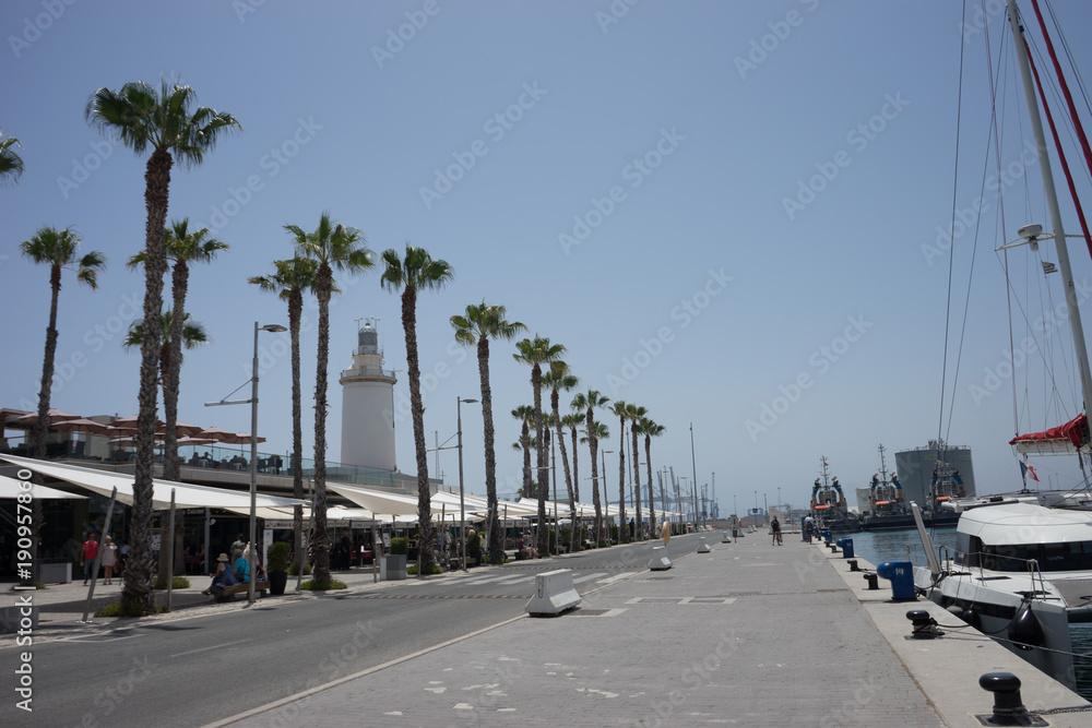 tall palm trees in front a white lighthouse at Malagueta beach in Malaga, Spain, Europe