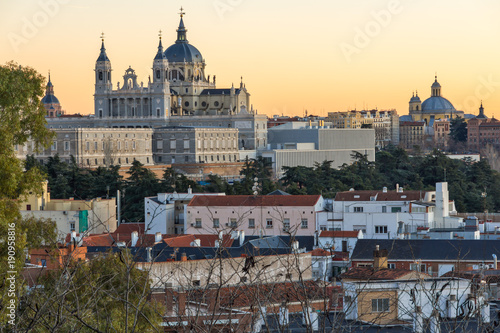 Sunset view of Royal Palace and Almudena Cathedral in City of Madrid  Spain