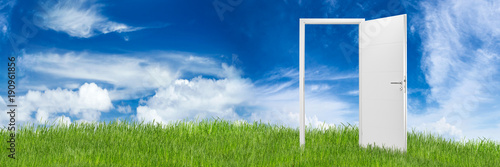 Foto Open door on green wide panorama green grass meadow in front of blue sky / Türe