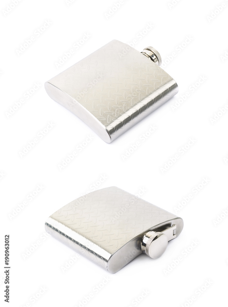 Chrome metal drinking flask isolated Chrome metal drinking flask isolated