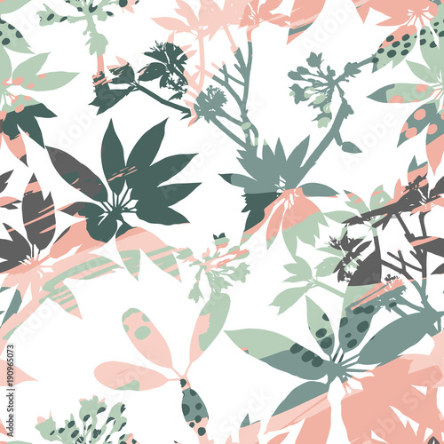 Abstract floral seamless pattern silhouettes of leaves and artistic background.