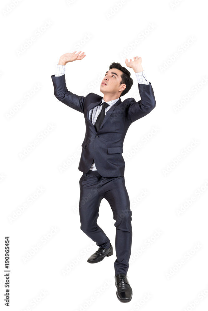 Businessman pushing something isolated on white background Businessman pushing something isolated on white background