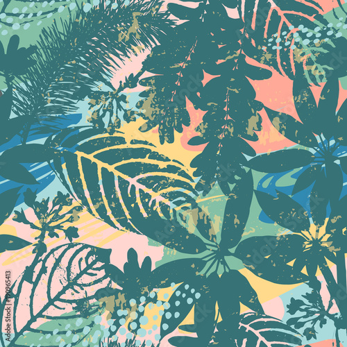 Abstract floral seamless pattern silhouettes of leaves and artistic background.