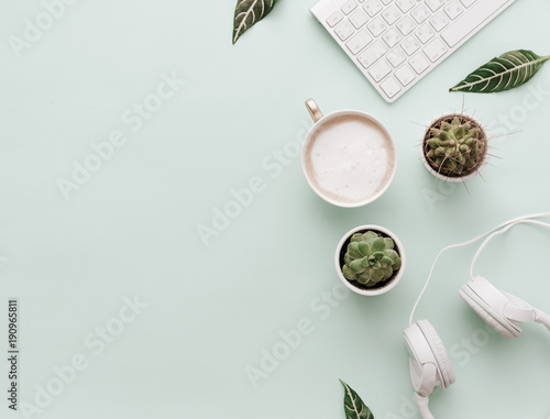 Minimalist Flat Lay Hipster Desktop With Coffee and Headphones
