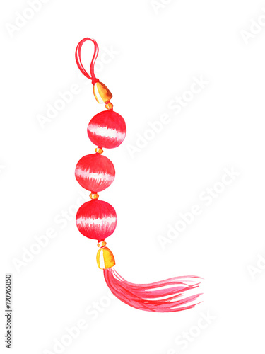 Red lucky knot watercolor illustration on white background. Traditional chinese decor for lunar new year.