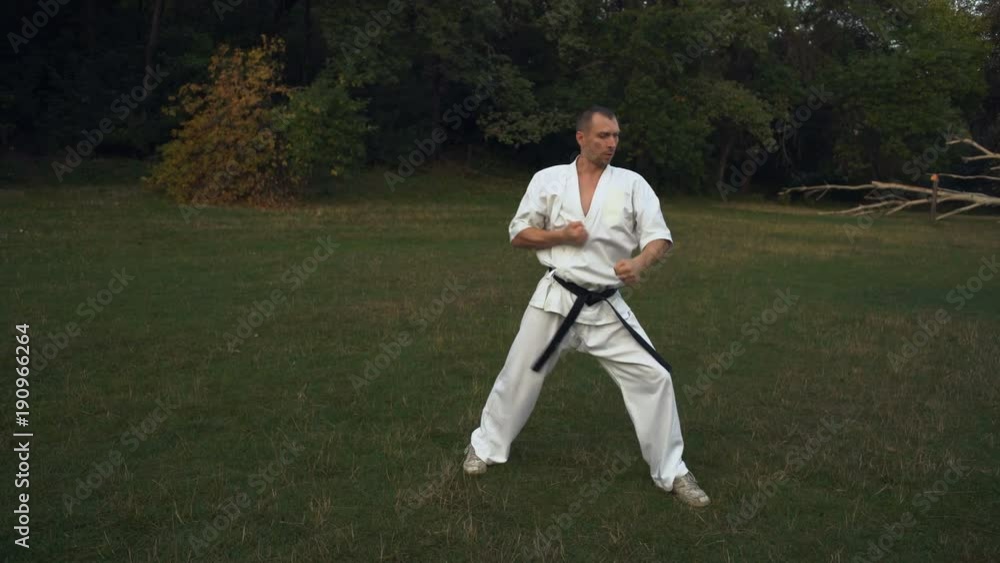 Karateka Guy Engaged in Kata Karate on the Glade in the City Park Morning Karateka Guy Engaged in Kata Karate on the Glade in the City Park Morning