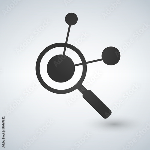 Connection search icon. Magnifying glass. Molecular structure analysis. Vector illustration.