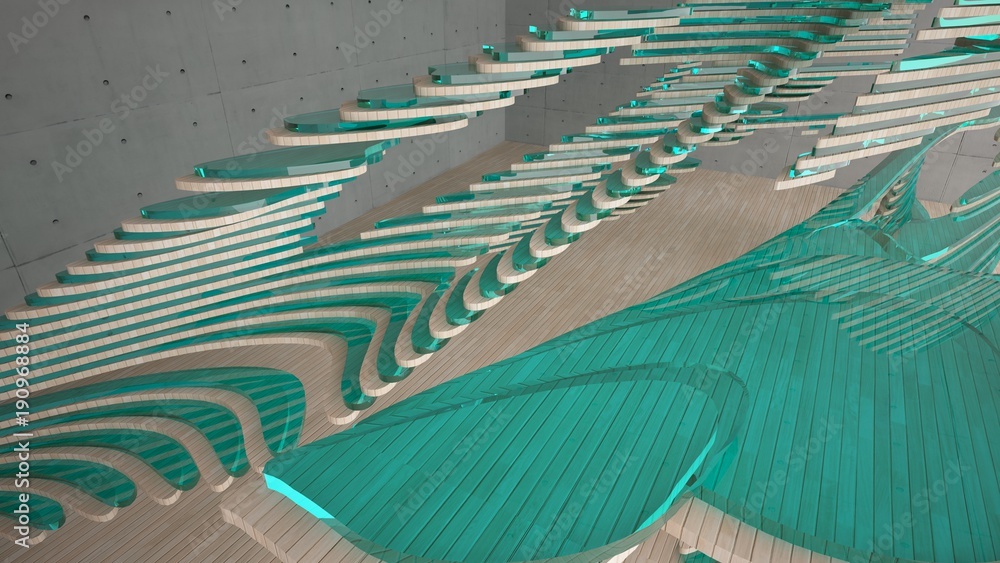 Fototapeta premium Abstract concrete and wood parametric interior with window. 3D illustration and rendering.
