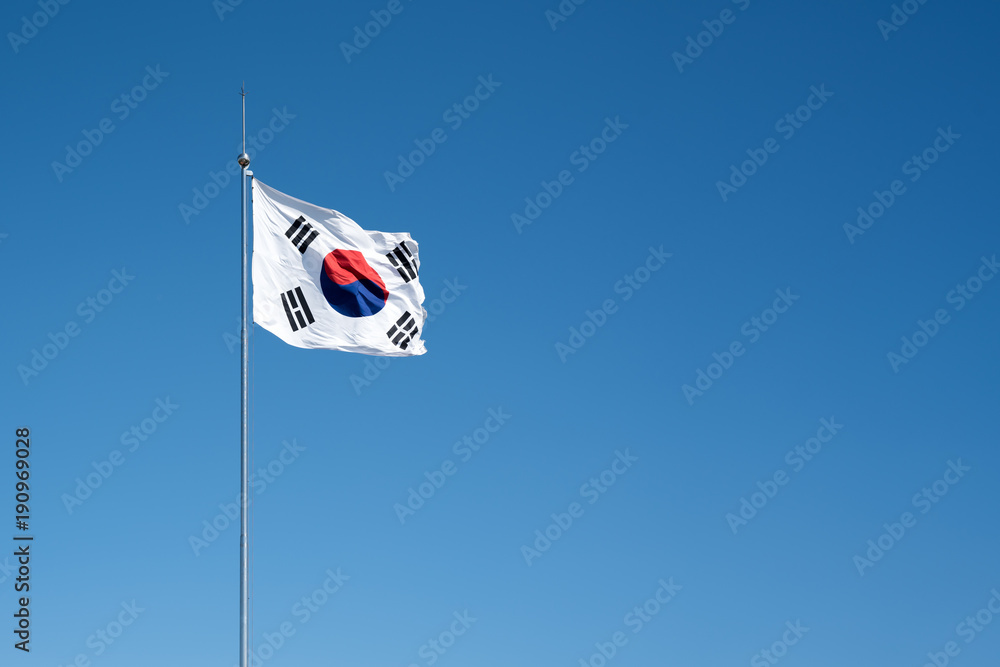 Flag of South Korea in Blue sky. copy space.