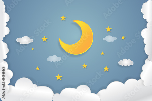 Half moon, clouds and stars in the night as paper art and craft style concept. vector illustrator.
