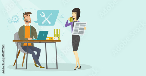 Caucasian white operator of technical support in headphones working on computer and asian woman with cup of coffee and newspaper standing nearby. Technical support concept. Vector cartoon illustration