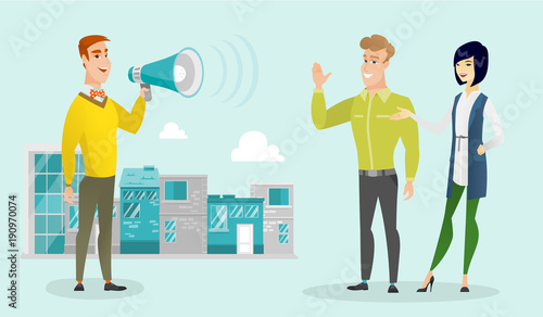 Young caucasian white businessman making announcement through a megaphone on a city background. Concept of business announcement and advertisement. Vector cartoon illustration. Horizontal layout.