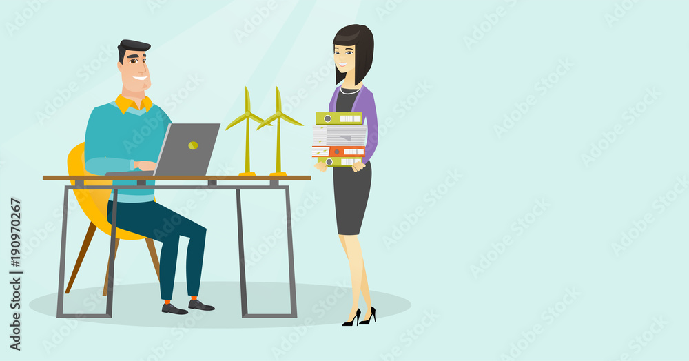 Young caucasian white and asian engineers using laptop and projecting wind turbines. Workers of wind farm working with models of wind turbines. Renewable energy concept. Vector cartoon illustration.
