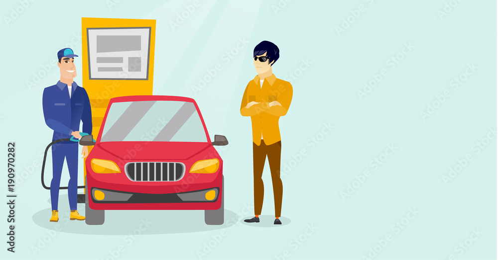 Caucasian white worker in workwear filling up fuel into the car at the gas station while car owner standing nearby. Gas station worker refueling a car. Vector cartoon illustration. Horizontal layout. Stock Caucasian white worker in workwear filling up fuel into the car at the gas station while car owner standing nearby. Gas station worker refueling a car. Vector cartoon illustration. Horizontal layout. Stock