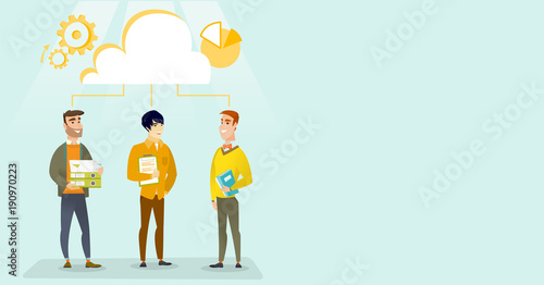 Multicultural business team using cloud computing technologies. Business team standing under cloud. Cloud computing technologies and teamwork concept. Vector cartoon illustration. Horizontal layout.