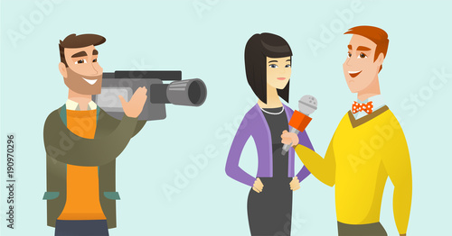 Young caucasian white reporter with a microphone making an interview with asian business woman. Operator filming an interview with journalist and woman. Vector cartoon illustration. Horizontal layout.