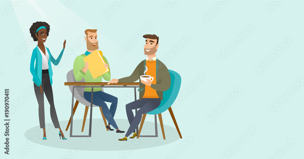 Young multiracial business people drinking coffee and talking at business meeting. Caucasian white men and african woman chatting at business meeting. Vector cartoon illustration. Horizontal layout.