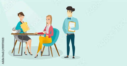Young multiracial business people drinking coffee and talking at business meeting. Caucasian white women and asian man chatting at business meeting. Vector cartoon illustration. Horizontal layout.