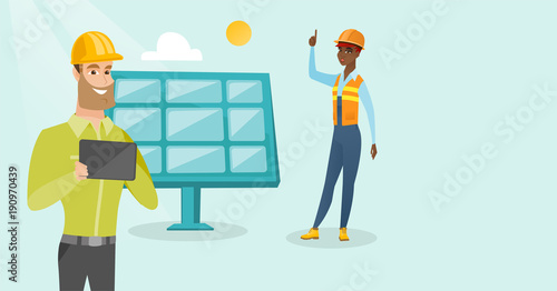 Young african technician pointing finger up and caucasian white engineer in hard hat working on digital tablet at solar power plant. Workers checking solar panel setup. Vector cartoon illustration.