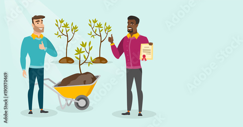 Young caucasian white and african-american men plant tree. Men giving thumb up while standing with wheelbarrow and certificate near newly planted trees. Vector cartoon illustration. Horizontal layout.