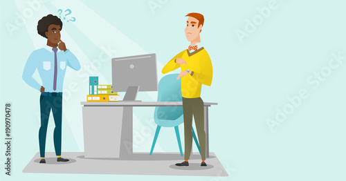 Angry caucasian white employer pointing at wrist watch and checking time of coming of african latecomer employee. Concept of late to work and deadline. Vector cartoon illustration. Horizontal layout.