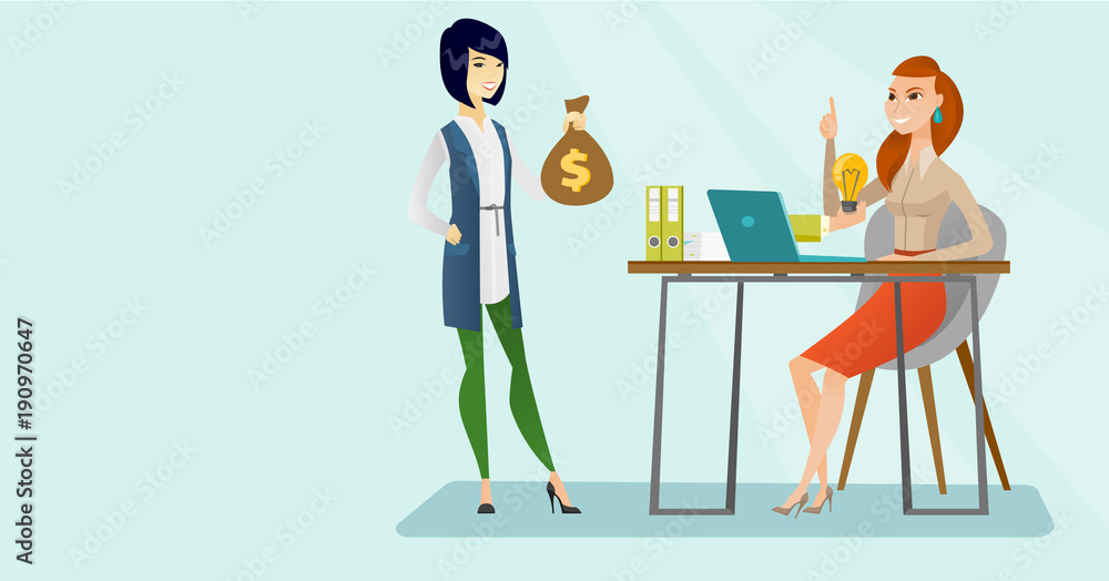 Caucasian white business woman working on computer with idea light bulb while asian woman with bag full of money standing nearby. Business idea concept. Vector cartoon illustration. Horizontal layout. Caucasian white business woman working on computer with idea light bulb while asian woman with bag full of money standing nearby. Business idea concept. Vector cartoon illustration. Horizontal layout.