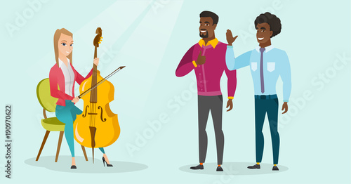 Young caucasian white woman sitting on a chair and playing the cello and cheerful african-american men giving thumb up and waving hand nearby. Vector cartoon illustration. Horizontal layout.