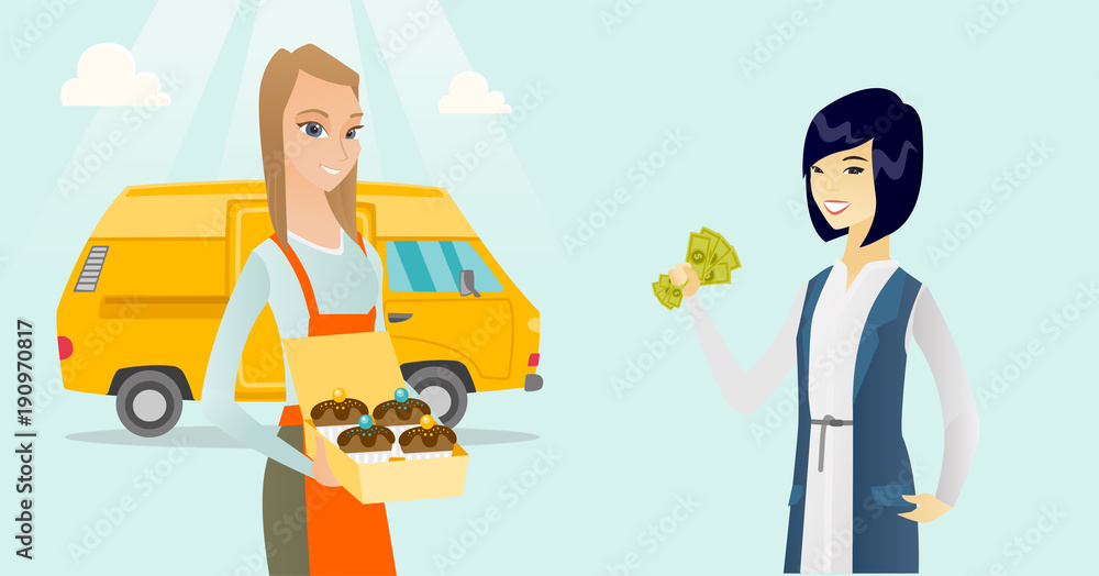 Asian woman with cash money and caucasian white baker with box of cupcakes standing on the background of delivery truck. Female baker delivering cakes. Vector cartoon illustration. Horizontal layout.
