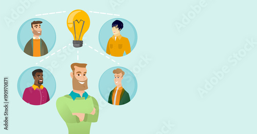 Group of young multiracial businessmen connected by one idea light bulb. African-american, caucasian white and asian business people working on a idea. Vector cartoon illustration. Horizontal layout.