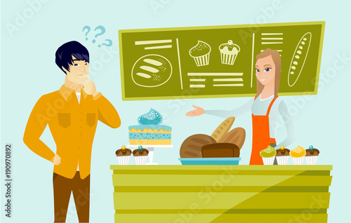 Young caucasian white female baker standing behind the counter with cakes and offering pastry to asian thoughtful man. Man choosing sweets at the bakery. Vector cartoon illustration. Horizontal layout
