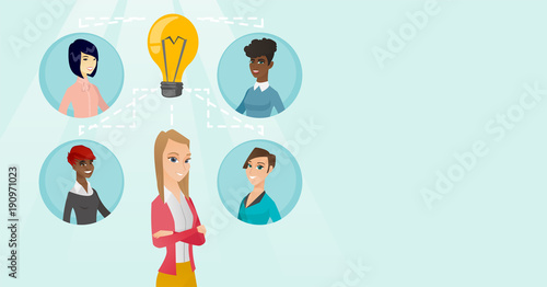 Group of young multicultural business women connected by one idea light bulb. African-american, caucasian white business people working on creative idea. Vector cartoon illustration. Horizontal layout