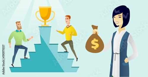 Asian business woman showing money bag on the background of two caucasian white business men competing for the winner cup and money prize. Business competition concept. Vector cartoon illustration.