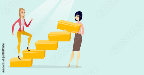 Young caucasian white business woman runs up the career ladder while another woman builds this ladder. Happy business woman climbing the career ladder. Vector cartoon illustration. Horizontal layout.