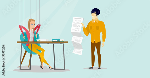 Young caucasian white woman sitting at workplace and hanging on strings like marionette while her asian colleague standing nearby and showing document with business report. Vector cartoon illustration photo